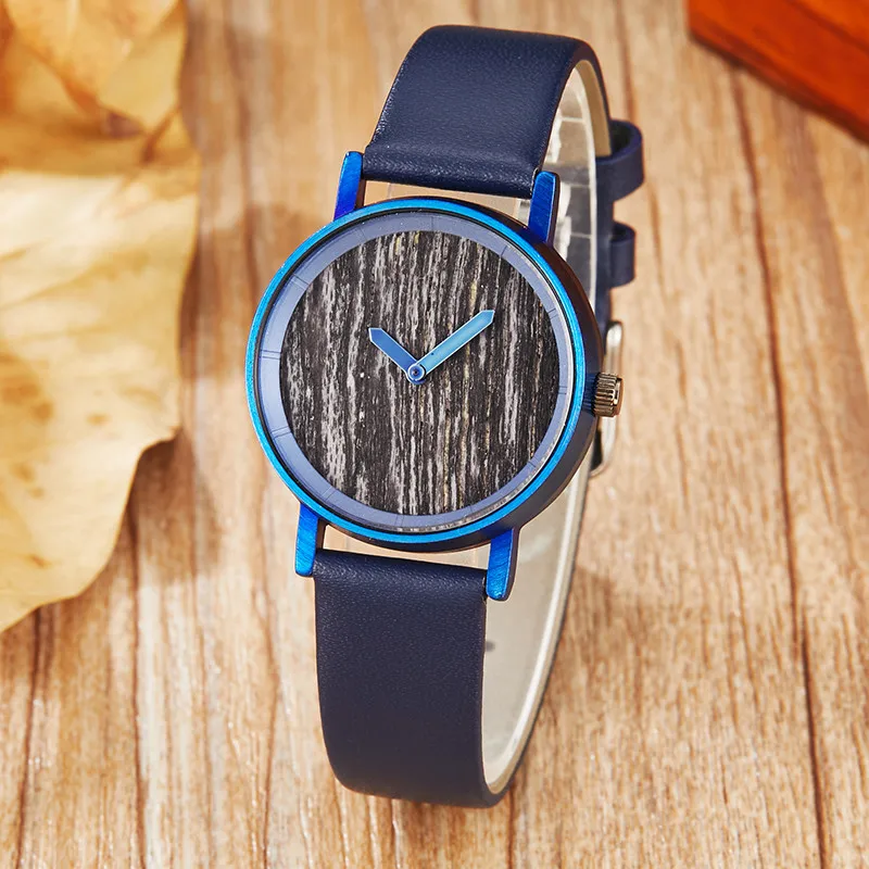 Fashion Wooden Couple Wrist Watch Unique Blue Leather Elegant Clock Lover Wood Original Watches For Women Men Best Gifts | Наручные часы