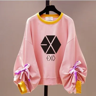 Новинка 2021 корейские свободные однотонные толстовки kpop EXO с бантом Женский
