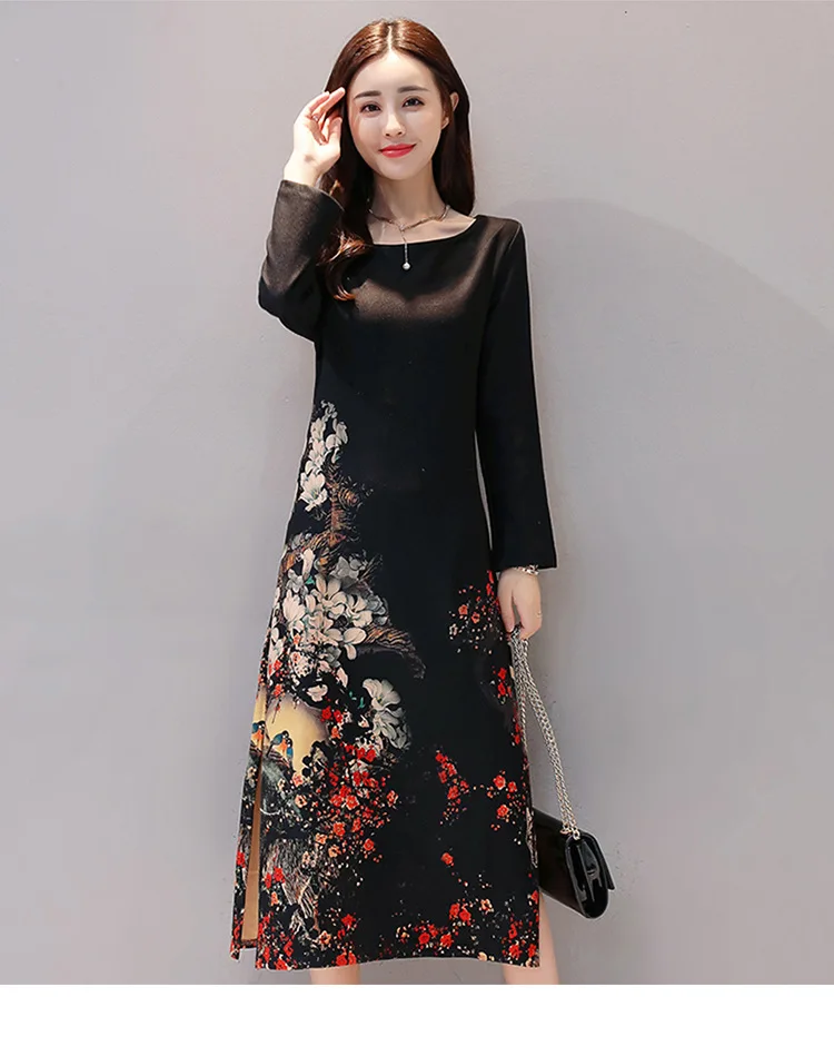 Платье Vestido, женское платье, винтажное, цветочное, с рисунком птиц, Осеннее, с разрезом сбоку, с длинным рукавом, элегантное, до середины икры, элегантные платья размера плюс
