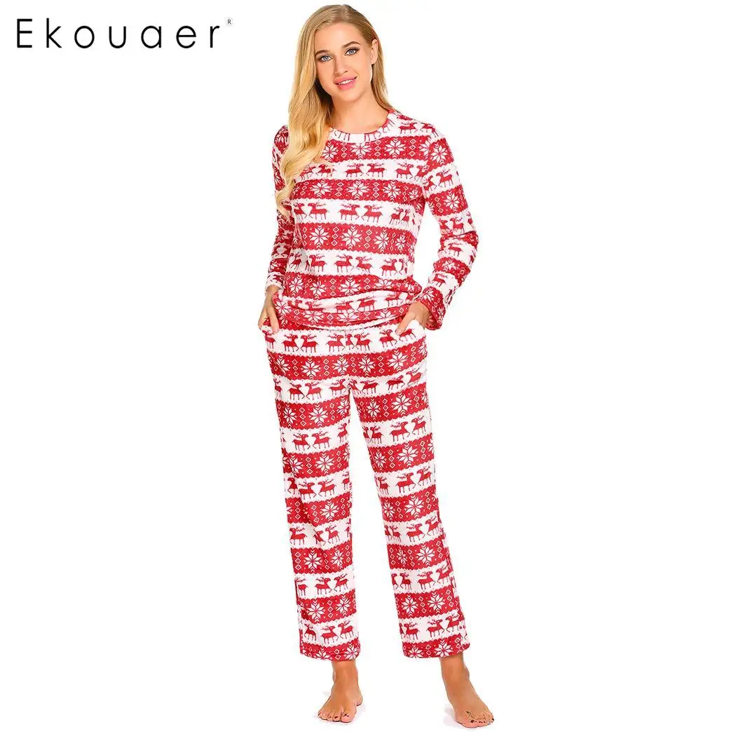 Ekouaer/осенне зимние женские пижамные комплекты пижамы с длинными рукавами и