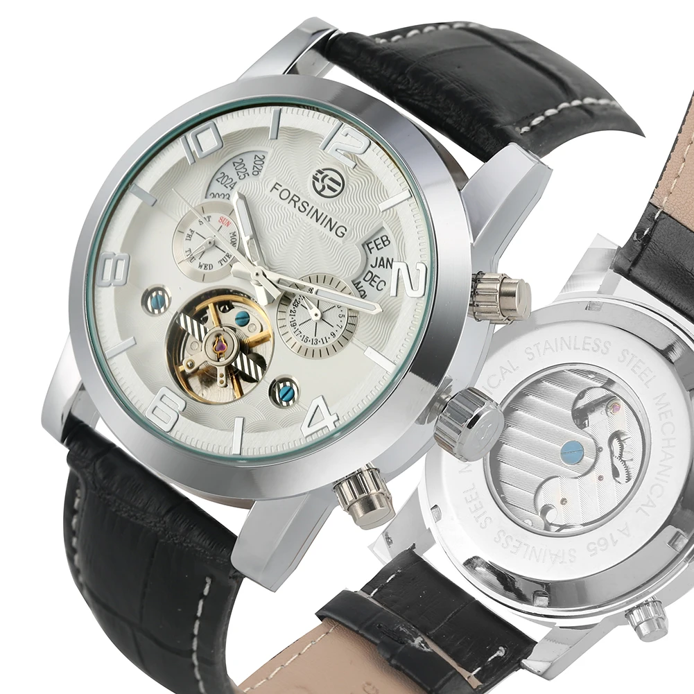 Tourbillon Сталь Скелет механические часы с автоподзаводом натуральная кожа