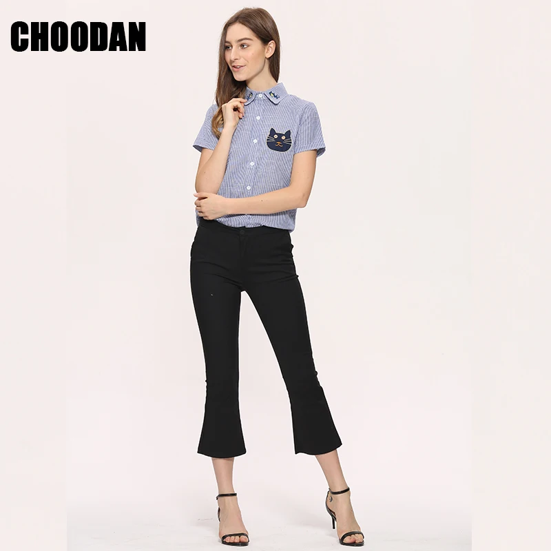 Женская полосатая блузка из хлопка и льна с объемной вышивкой в виде кота Новинка