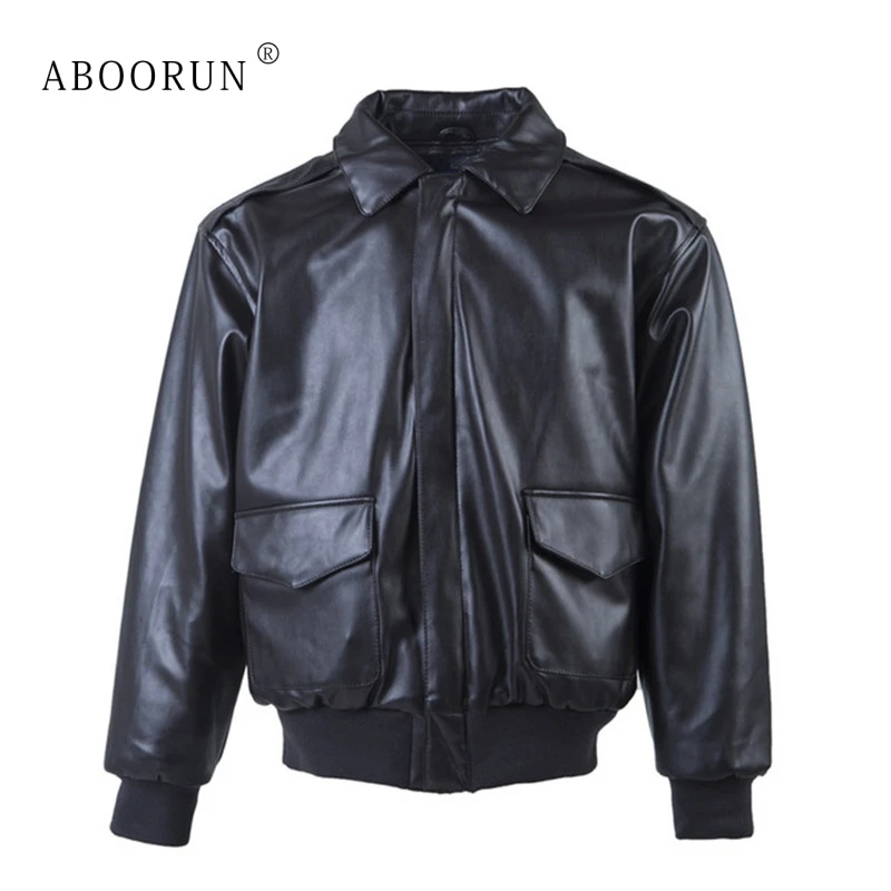 Модные мужские зимние кожаные куртки ABOORUN бомберы ВВС черное плотное теплое