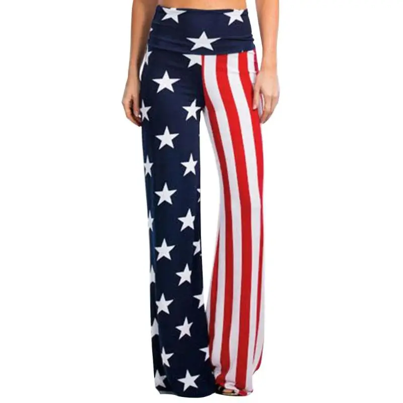 Женские летние свободные прямые брюки в полоску с принтом флага и высокой талией