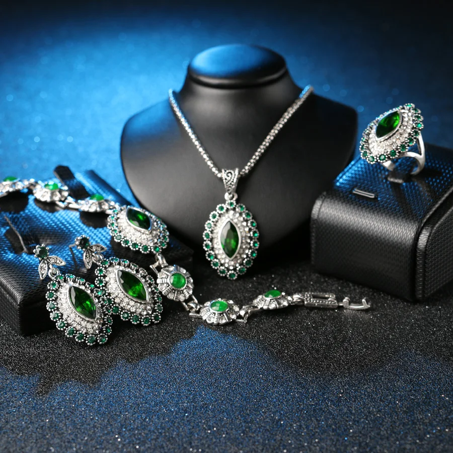 Модные Ювелирные наборы зеленый кристалл цветок свадебный браслет кольцо