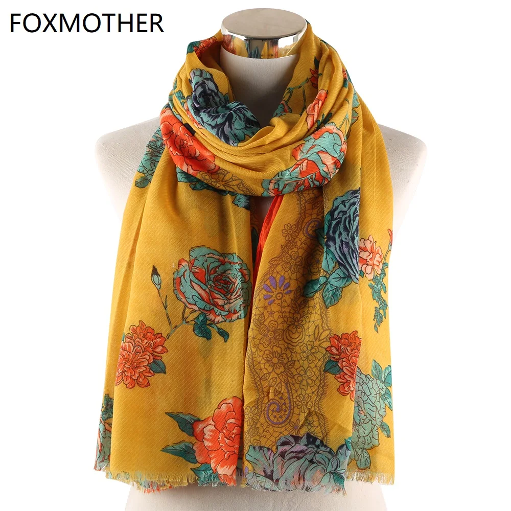 FOXMOTHER Желтый Русский цветочный шарф платок Mujer хиджаб шаль пашмины пляжная обёрточная бумага шарфы с цветочным принтом женские