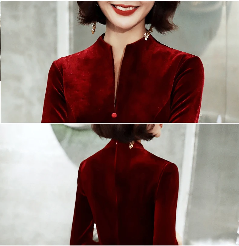 

Dark Red Womens V-Neck Evening Cheongsam Wedding Party Dress Elegant Maxi Qipao Long Gown Retro Vestido XS-XXXL