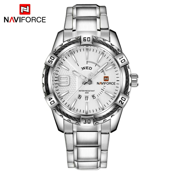 NAVIFORCE брендовые новые мужские спортивные часы, мужские водонепроницаемые аналоговые кварцевые наручные часы, мужские золотые часы с календарем из нержавеющей стали - Цвет: Silver