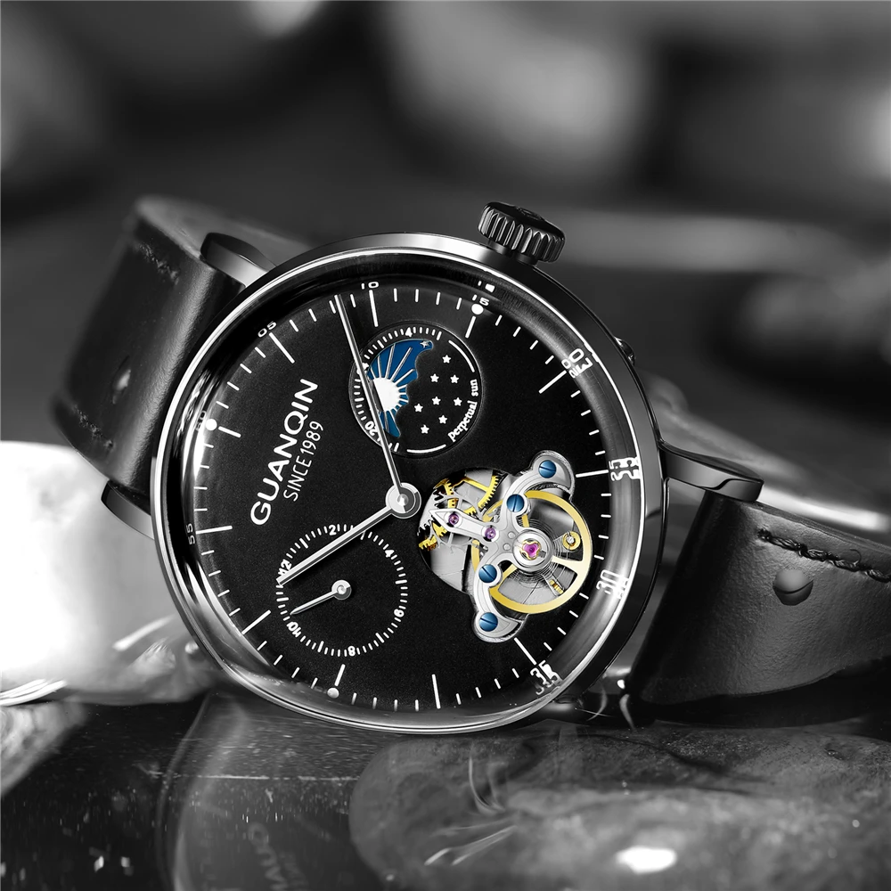 Часы GUANQIN Tourbillon Мужские автоматические механические деловые Роскошные кожаные