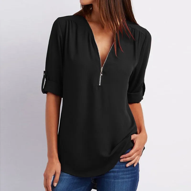 Plus Size 5XL Solid Zipper Shirt Loose Long Sleeve Chiffon Blusas Tops New Women Sexy V Neck Ladies Casual Summer Blouses Mujer