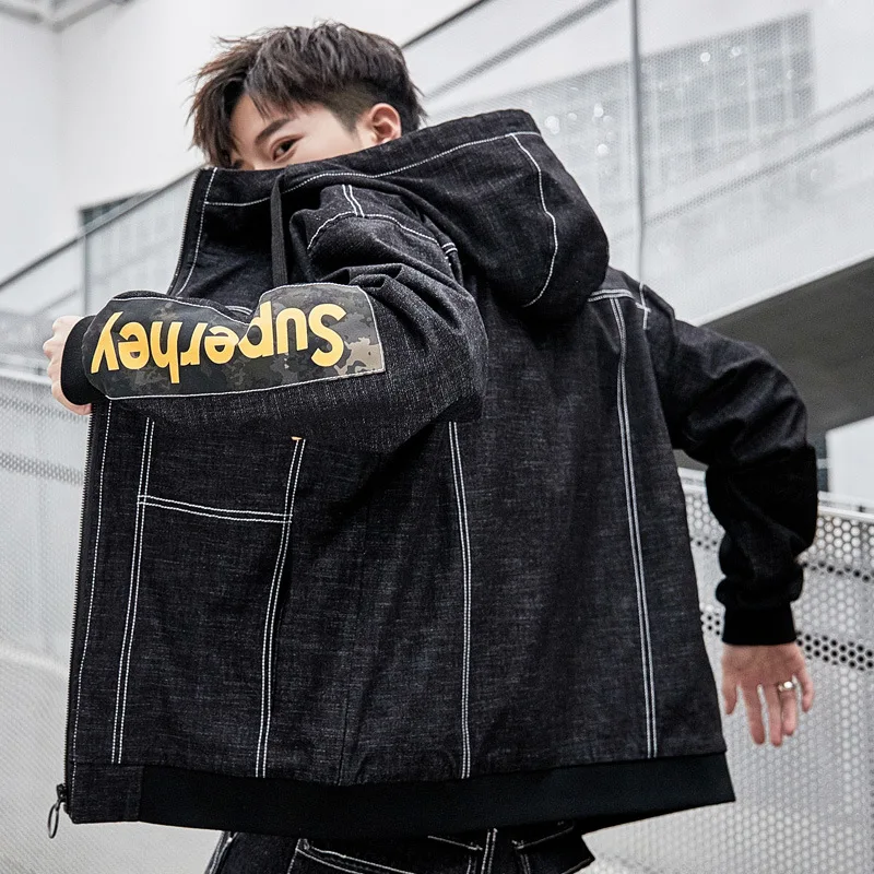 

New popular logo men's work jacket fashion hip hop top coat Hooded casual denim jacket men fashion printed dropshipping clothes