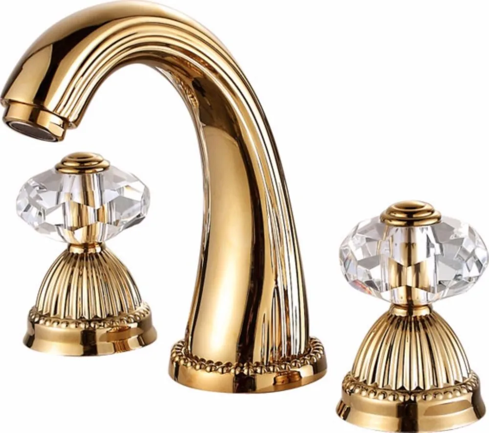 

Free ship Gold PVD 8 inch widespread bathroom Lavatory Sink faucet Crystal handles mixer tap deck mounted high quality brass