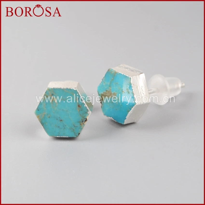 Серьги пусеты BOROSA из чистого серебра с шестиугольным синим натуральным камнем