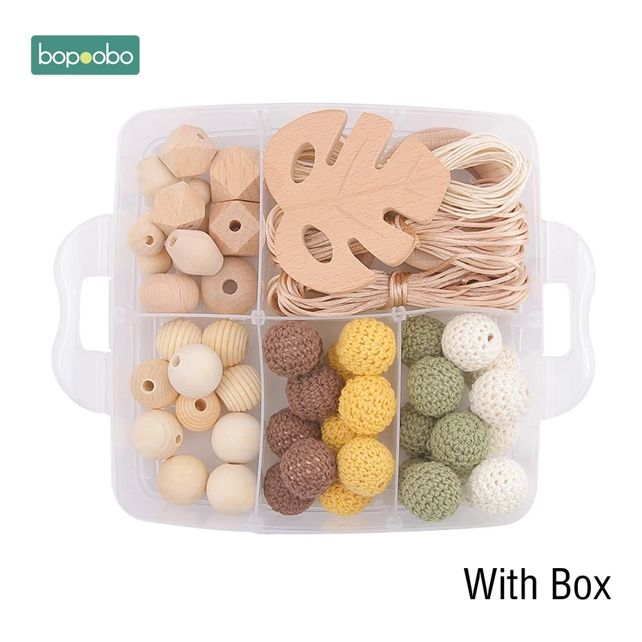 Brown Leaf Set-2 Bopoobo 1Set Baby Teether DIY Silicone Beads Pacifier Clip Chain Baby Mobile Wool ball BPA Free Wooden Crochet Beads Teether - Цвет: Brown Leaf Set-2