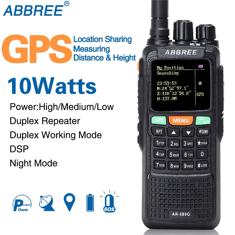 ABBREE AR-889G gps SOS Walkie Talkie 10 Вт 999CH Ночная подсветка дуплексный ретранслятор двухдиапазонный двойной прием охотничья ветчина CB радио