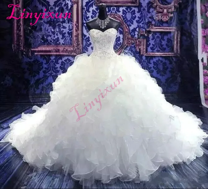 

2021 Luxury Beaded Embroidery Wedding Dresses Sweetheart Corset Organza Ruffles Cathedral Ball Gown Wedding Dress Bridal Gowns