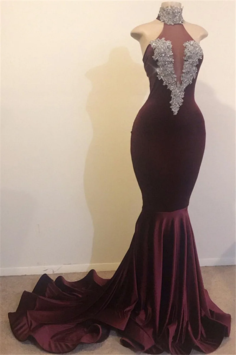 

Burgundy Mermaid Prom Dresses 2022 New Arrival Real Sample High Neck Grey Beaded Lace Top Long Black Girl Party Prom Dress