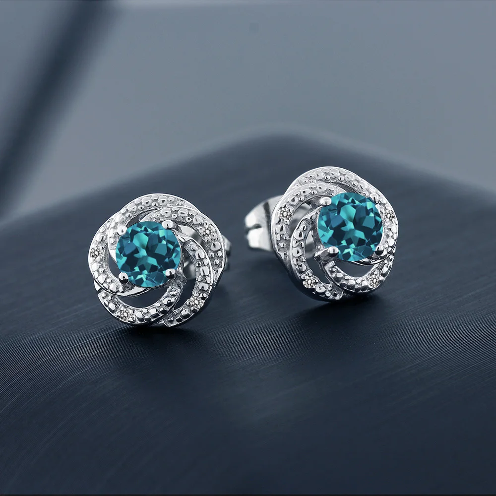 GemStoneKing 1 06 Ct круглые Лондонский голубой топаз белые серьги-гвоздики с