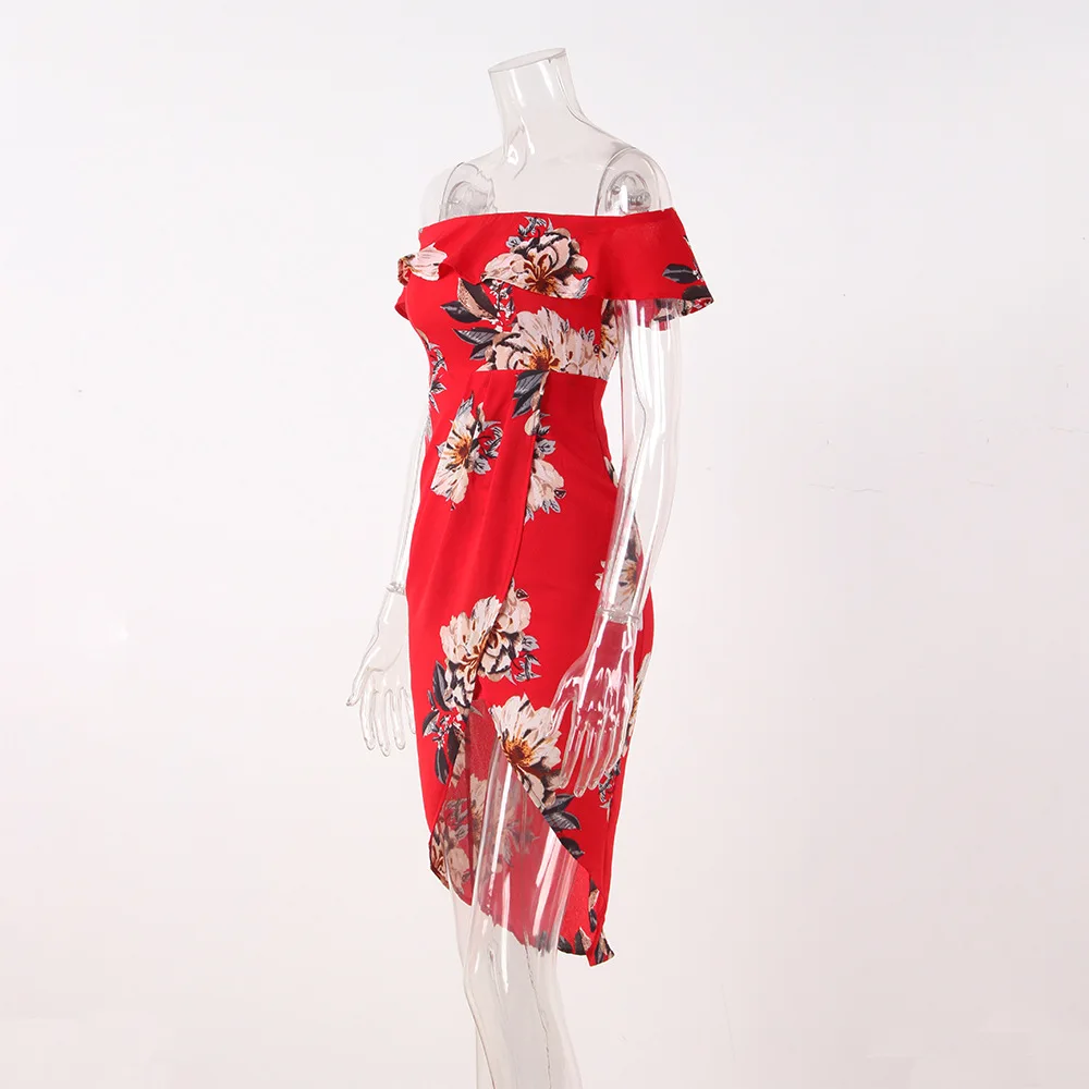 2018 летнее женское модное платье с принтом сексуальное без бретелек оборками