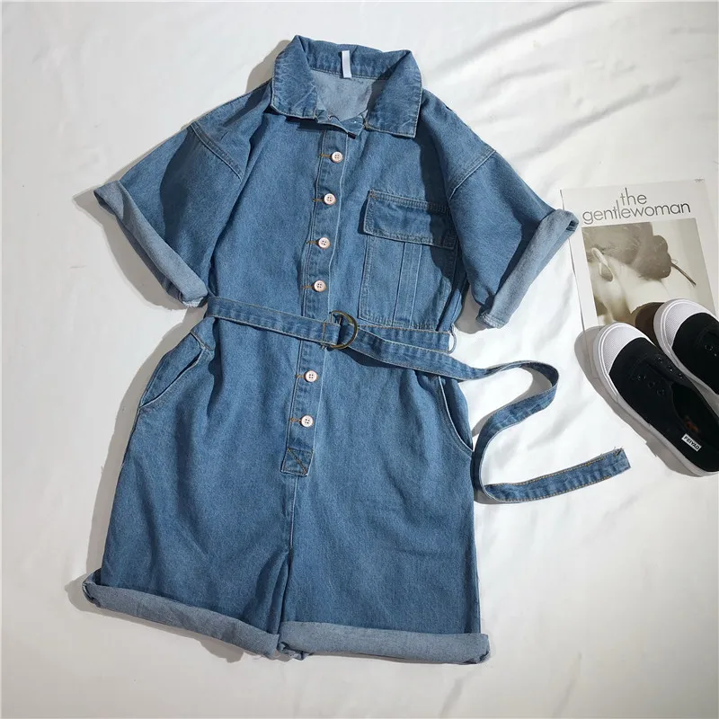 

Women Summer Casual Denim Romper Jeans Overall High Waist BF Wide Leg Jumpers Lapel Pocket Shorts Jumpsuit Playsuit Bodysuits