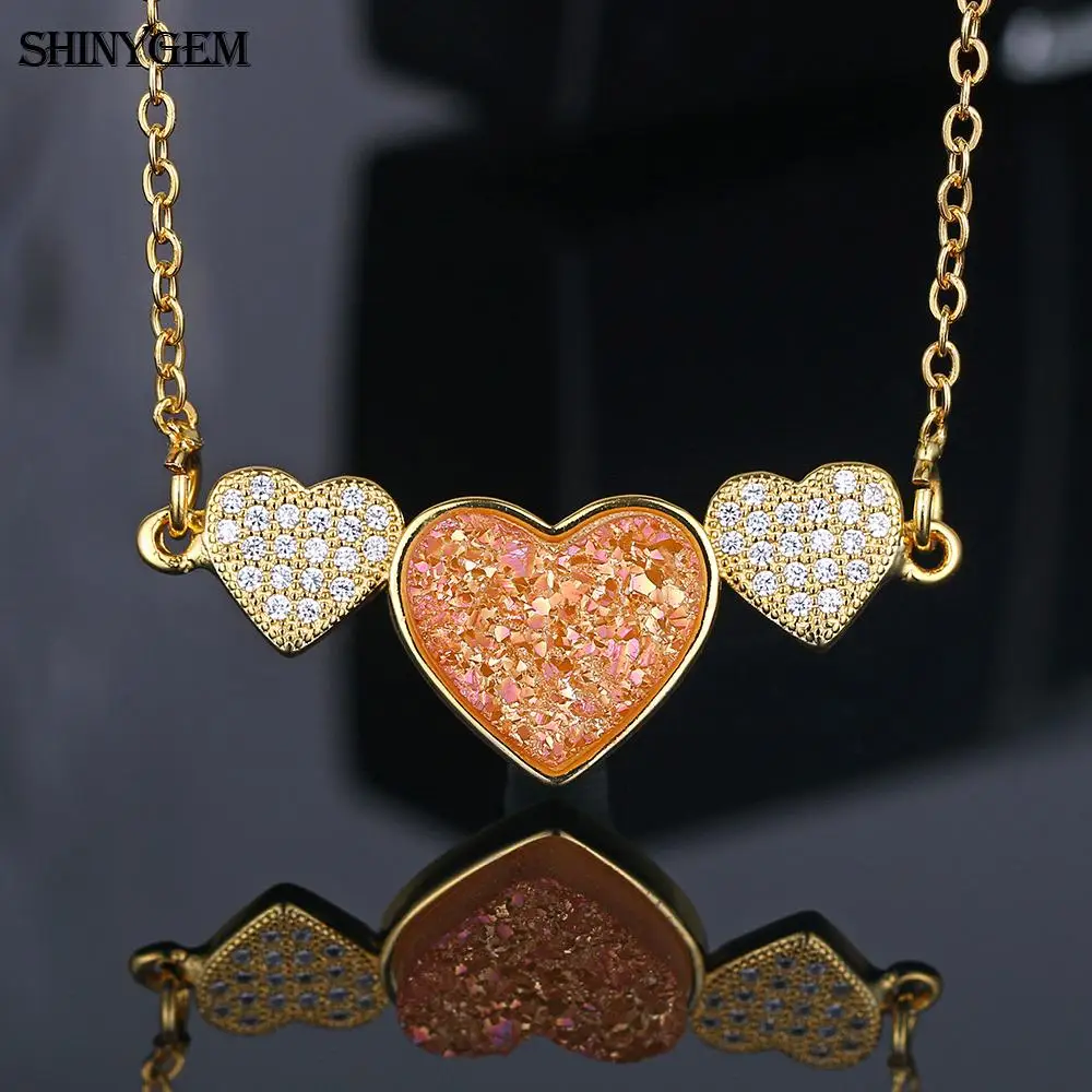 ShinyGem Druzy тройное Сердце ожерелье s золотое покрытие натуральный камень сердечко CZ