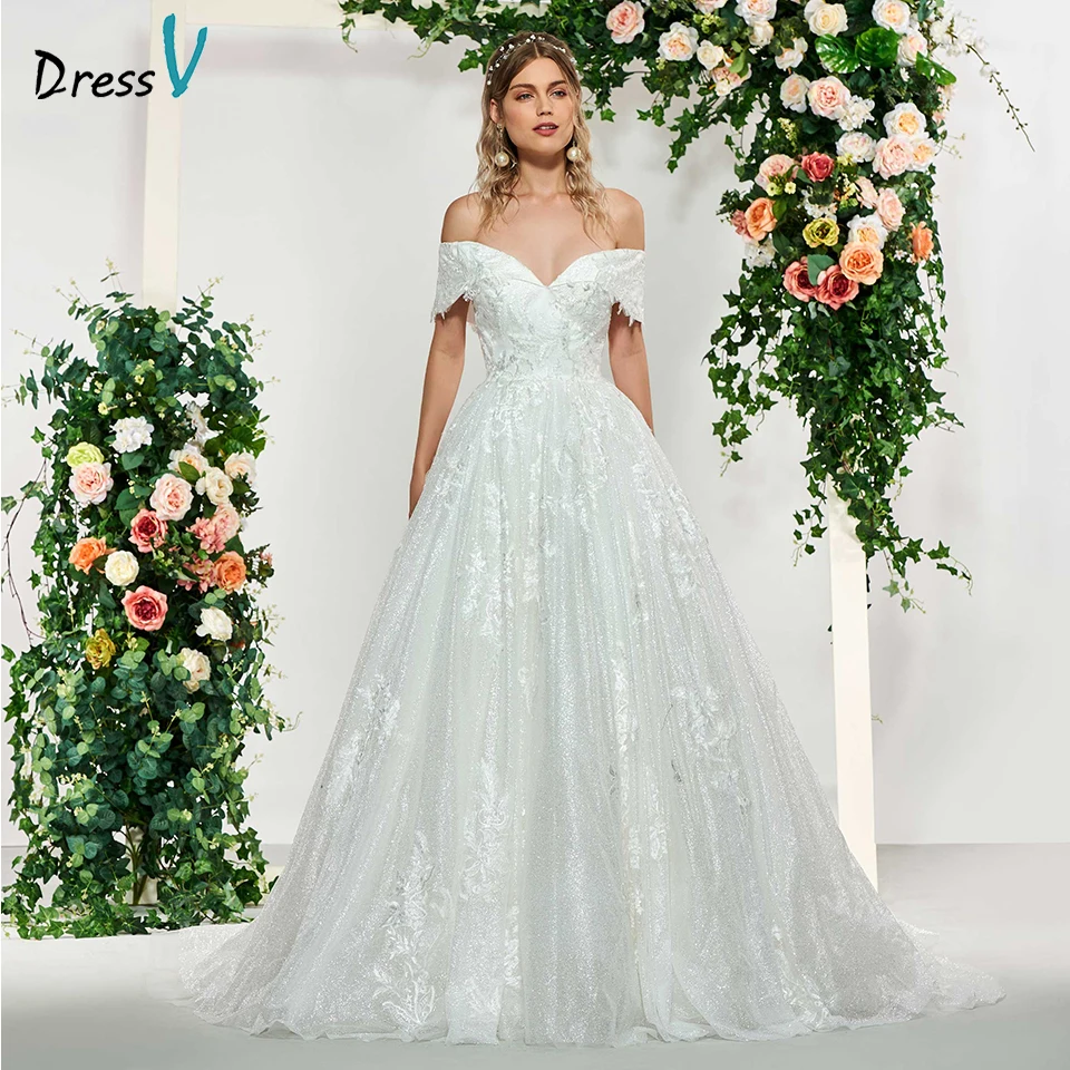 

Dressv ivory elegant off the shoulder appliques ball gown wedding dress floor length bridal outdoor&church lace wedding dresses