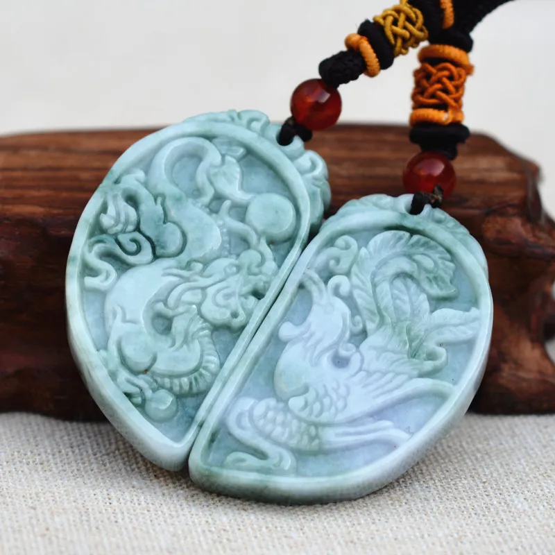 Drop shipping Natural A Jadeite Jades Pendant 3D Carved Chinese Dragon Phoenix Lovers' Pendants Amulet Stone Jewelry+Rope | Украшения и