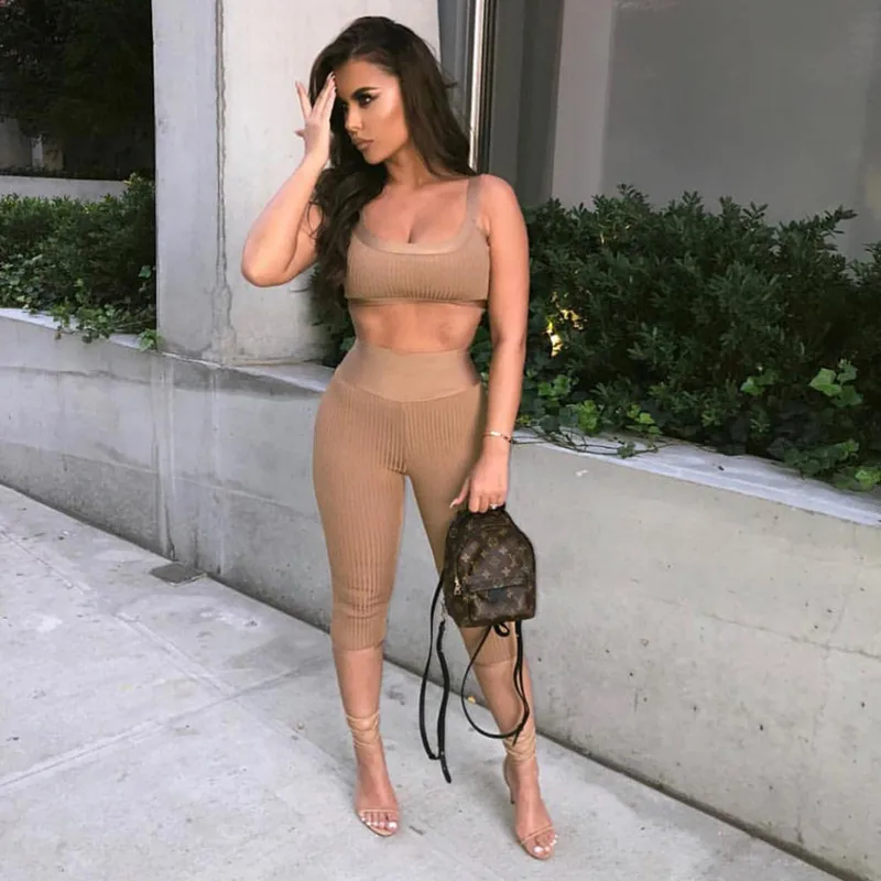 Женский облегающий клубный костюм из двух предметов черный хаки серый 2019 |