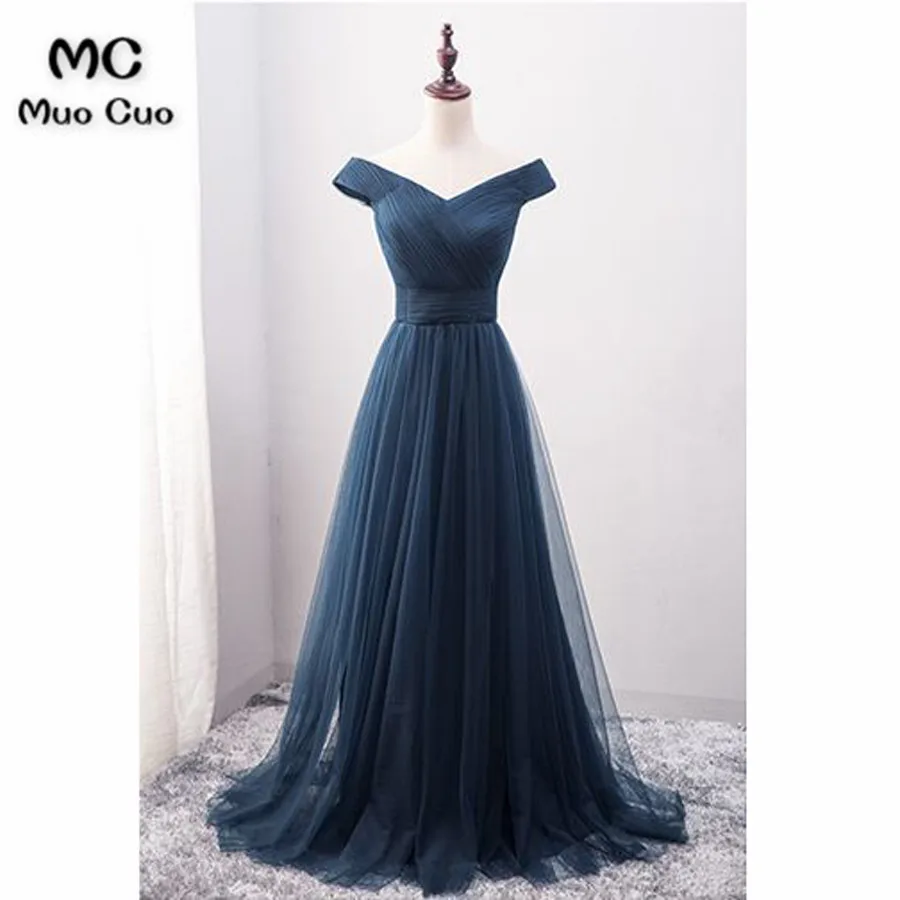 Elegant 2018 Dark Blue Off Shoulder Prom Dresses Long Tulle Short Sleeves Floor Length Formal Evening Party Dress for Women | Свадьбы и