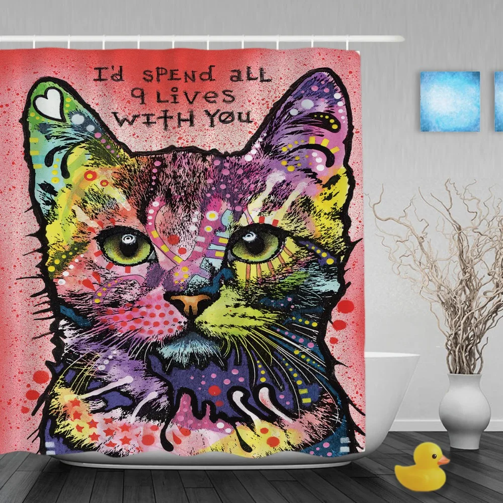 Cute Cat Shower Curtain Art Pet Dog Waterproof Bathroom Creative Polyester Colorful Animal Decoration With Hook | Дом и сад