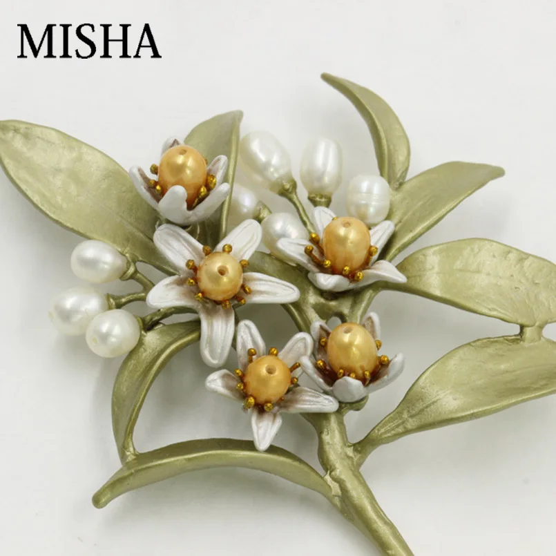 Женская брошь в форме цветка MISHA свадебная с натуральным оранжевым жемчугом