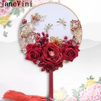 janevini ancient red bridal hand fan chinese style artificial rose beaded dragonfly gold leaf wedding flowers tassel bride fan