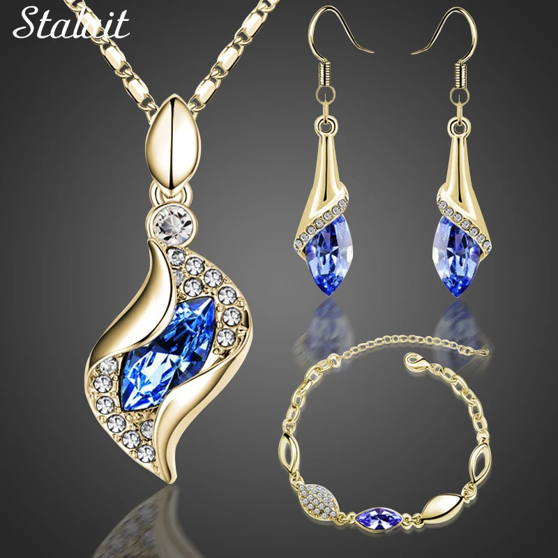 

Fashion Bridal Jewelry Sets Horse Eye Gold Color Austrian Crystal Pendant Necklace Earrings Bracelet Jewelry Sets