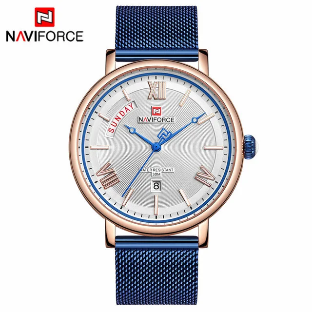Бренд NAVIFORCE, мужские модные спортивные часы, мужские водонепроницаемые кварцевые повседневные наручные часы из нержавеющей стали - Цвет: Синий