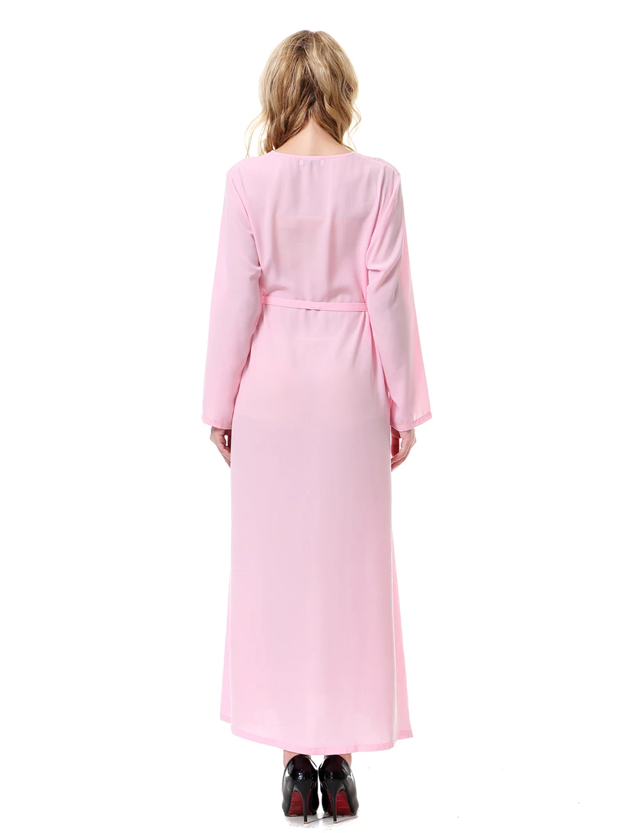 

Solid Color Muslim abaya with zipper front and waistband, round collar daewoo nexia long sleeve islamic dress TH913