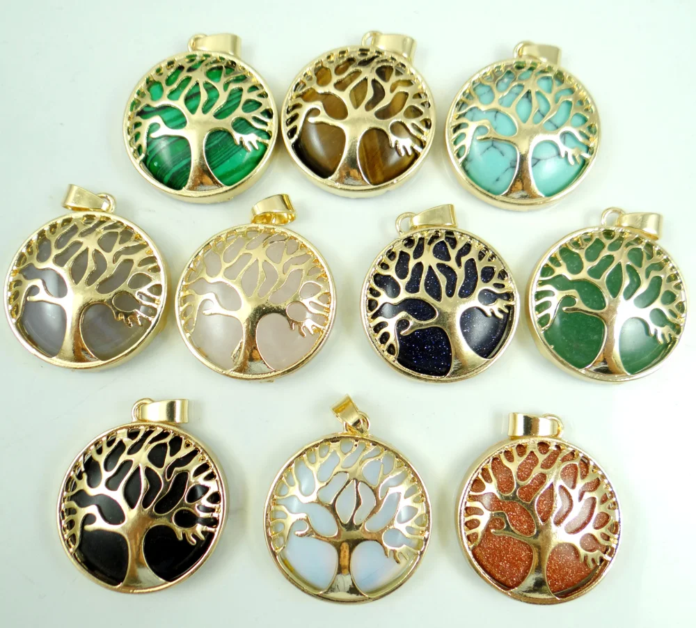 Natural Stone Quartz Crystal tiger eye Turquoises Tree of Life Round Shaped pendant for diy jewelry making necklace10pcs | Украшения и