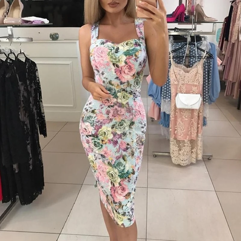 

Women Sexy Summer Dress Small Fresh Printed Sling Slim Ladies Casual Dress Seaside Resort Wearing Female Dress