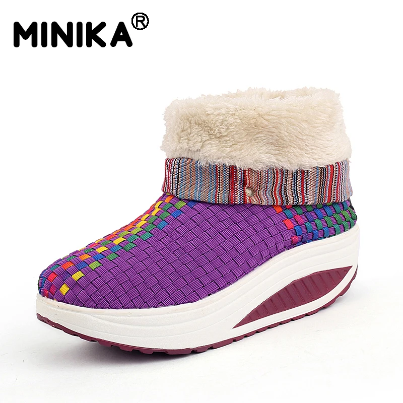 Minika Winter Women Snow Boots With Fur Warm Ankle Outdoor Sneakers Slimming Walking Platform Velvet Wedges Swing Shoes | Обувь