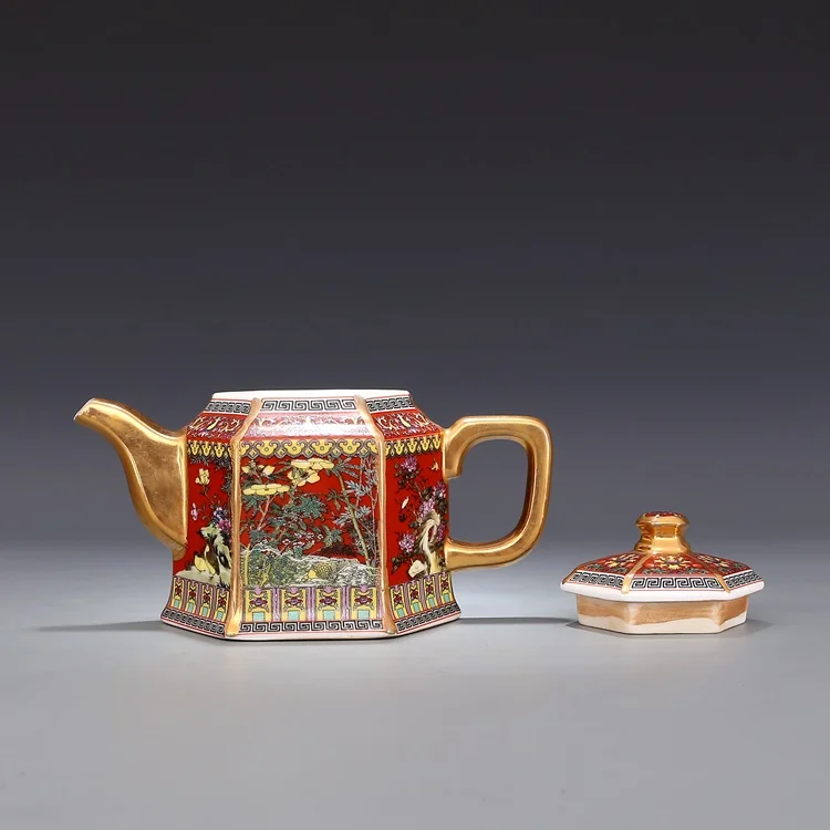 Античный эмалированный Золотой чайник Цзиндэчжэнь Qianlong с ручкой шестигранные