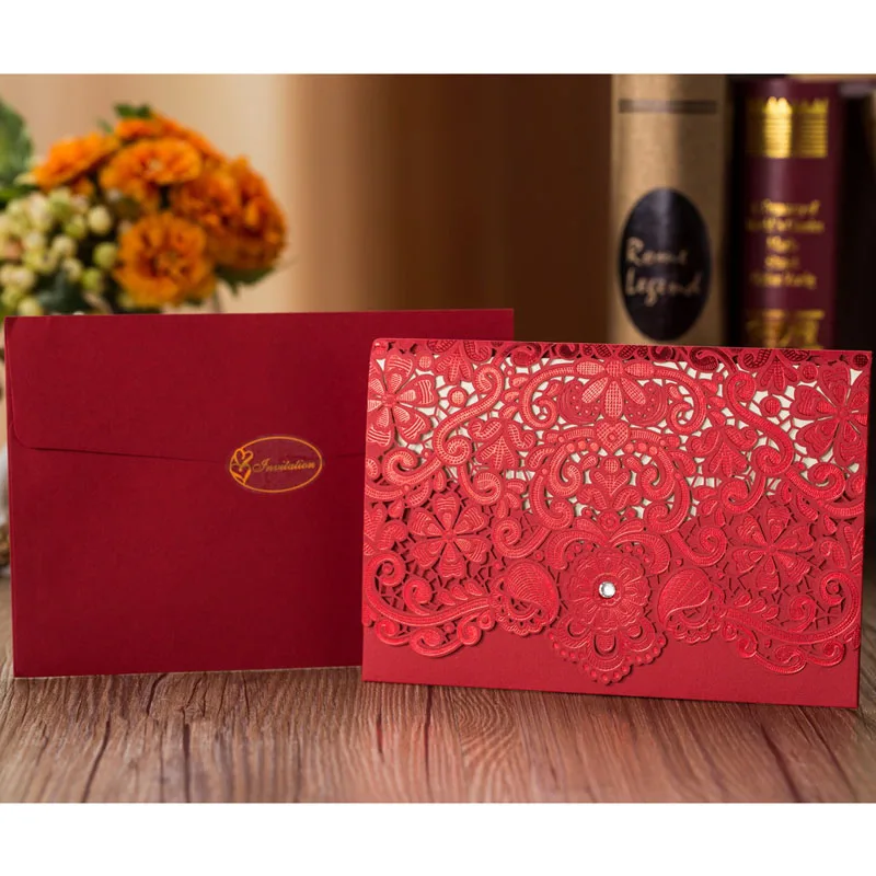 

25pcs Red Laser Cut Diamond Wedding Invitations Card Lace Elegant Greeting Card Customize Birthday Wedding Favor Party Supplies