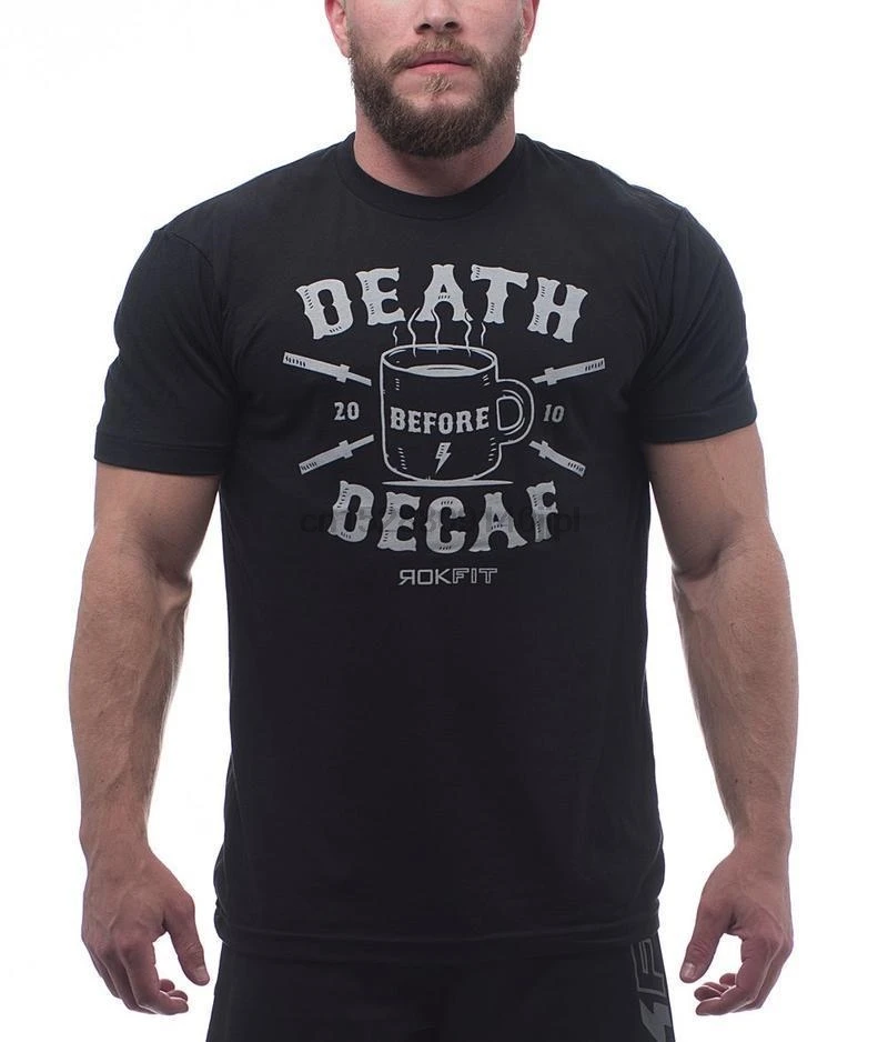 Новинка 2019 года модная черная футболка RokFit DEATH BEFORE DECAF для тяжелой атлетики 100%