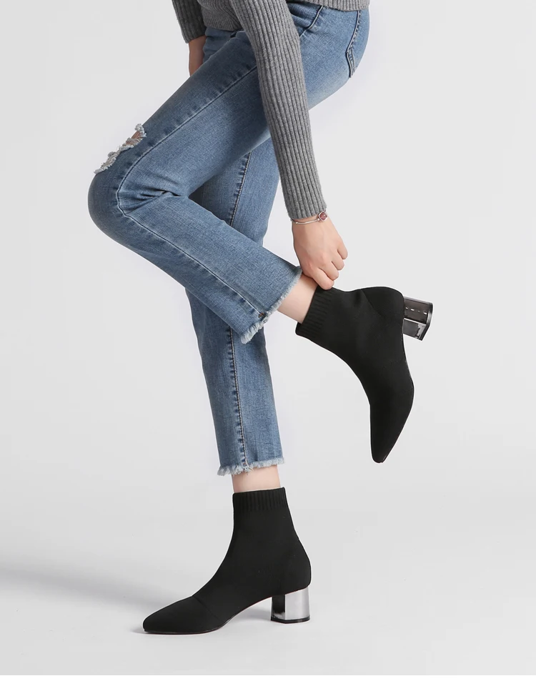 Женские полусапожки из эластичной ткани красного цвета; пикантные женские ботильоны с острым носком; черные ботинки на высоком массивном каблуке 5 см; Botas Mujer