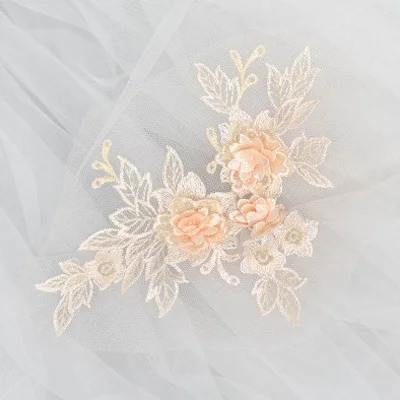 Light orange Одна штука 19*15 см 3D Цветок красочное Сетчатое вышитое кружево Аппликация с цветком DIY кружевная ткань отделка - Цвет: Light orange