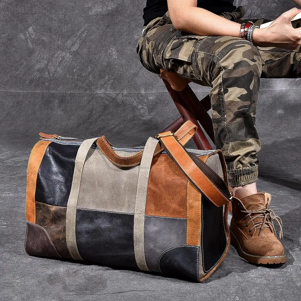Genuine Leather Military Duffel Bag Distressed Leather Travel Bag Weekender Overnight Leather Bag Patchwork color Carry On Bags