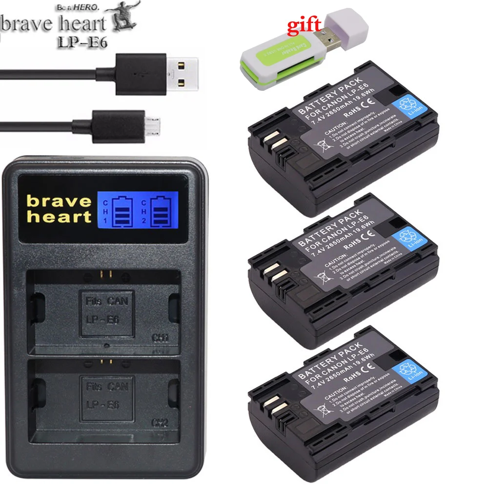 charger and 3battery Лидер продаж LP-E6 LP E6 E6N LPE6 2650 мА/ч, Камера Аккумуляторы для canon 5D Mark II III 7D 60D EOS 6D 80D для Аксессуары для canon - Цвет: charger and 3battery