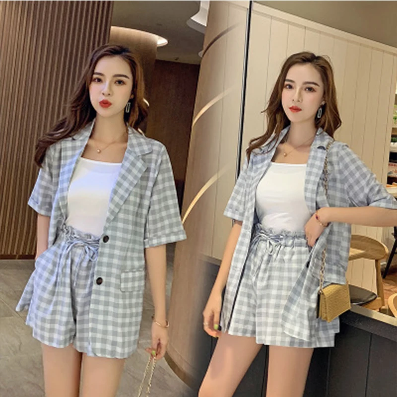Женский клетчатый костюм свободный приталенный пиджак с коротким рукавом и