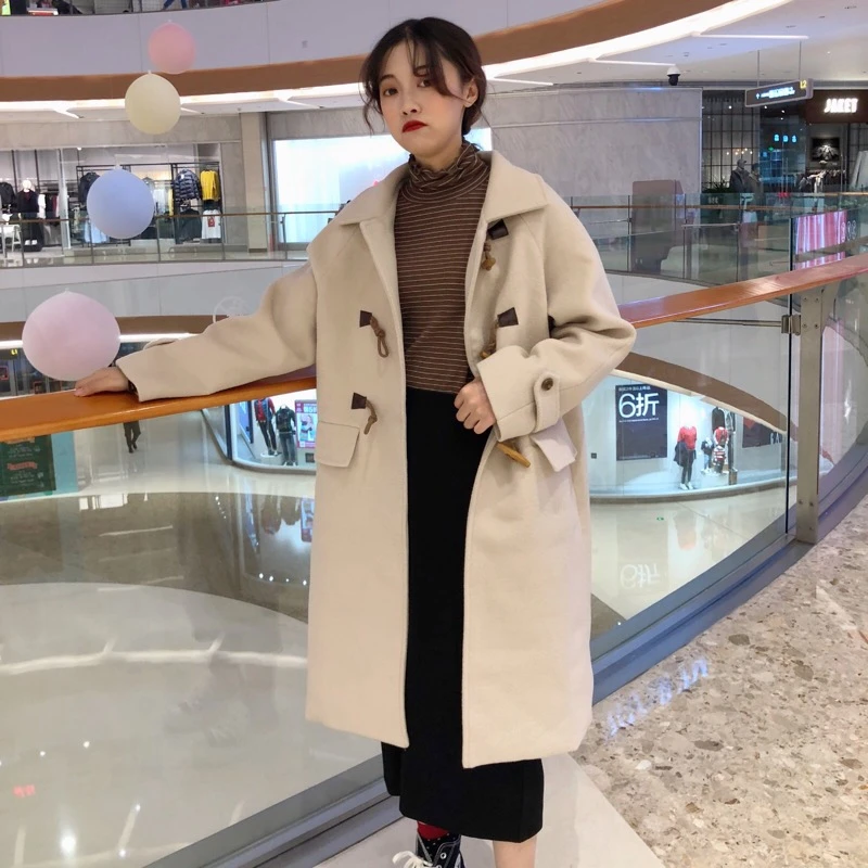 Женское шерстяное пальто manteau femme повседневное длинное с роговыми пуговицами на