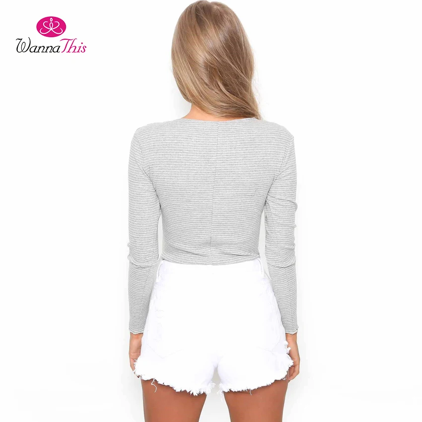 WannaThis Autumn Striped Bodysuits Women Scoop Neck Long Sleeve Knitted Elegant Gray White Bodycon Sexy Casual Cotton Rompers | Женская