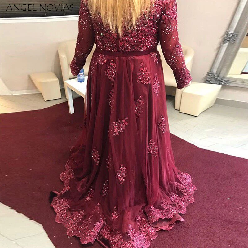 Женское вечернее платье с длинным рукавом ANGEL NOVIAS Бордовое кристаллами