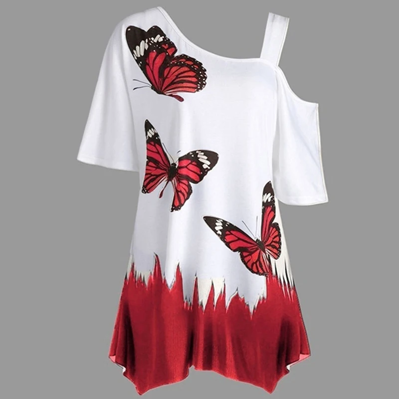 

New Style Summer Blouses Women Butterfly Printed Tee One Shoulder Irregular Top Female Plus Size Loose Tee Top Streetwear